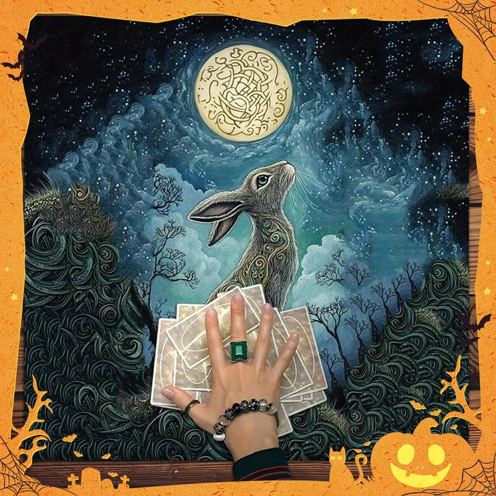 1pc Enchanted Moonlit Hare Tablecloth, Mystical Astrology & Cards, Celestial Animal Square Table Cover Spiritual Divination