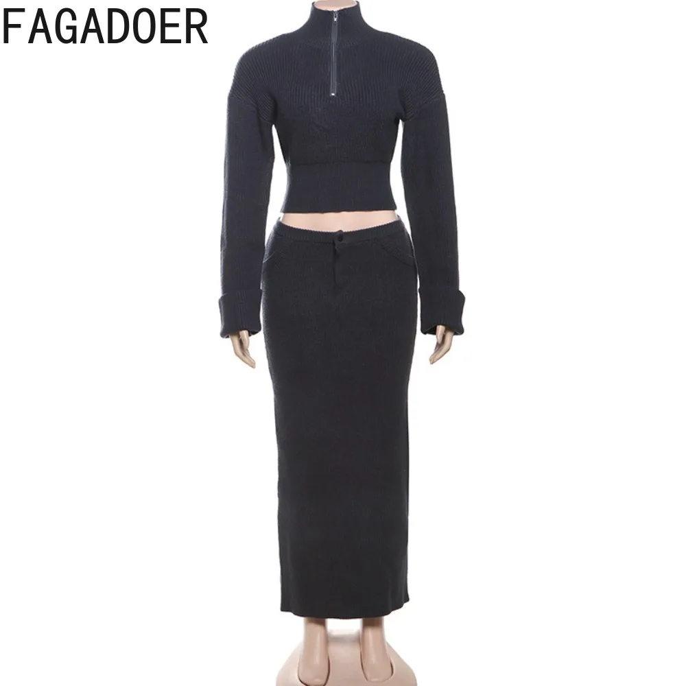 FAGADOER Fashion Knitted Zipper Patchwork Long Sleeve Crop Sweater Tops and Basic Mini Skirt Women Two Piece Set Winter 2025 New