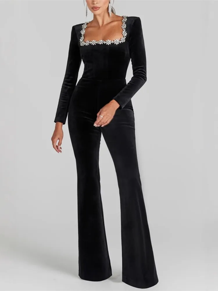 New Diamond-inlaid Velvet Square Collar Long-sleeved Slim Flared Jumpsuit Trousers Women's Autumn Intellectual Style Jumpsuit