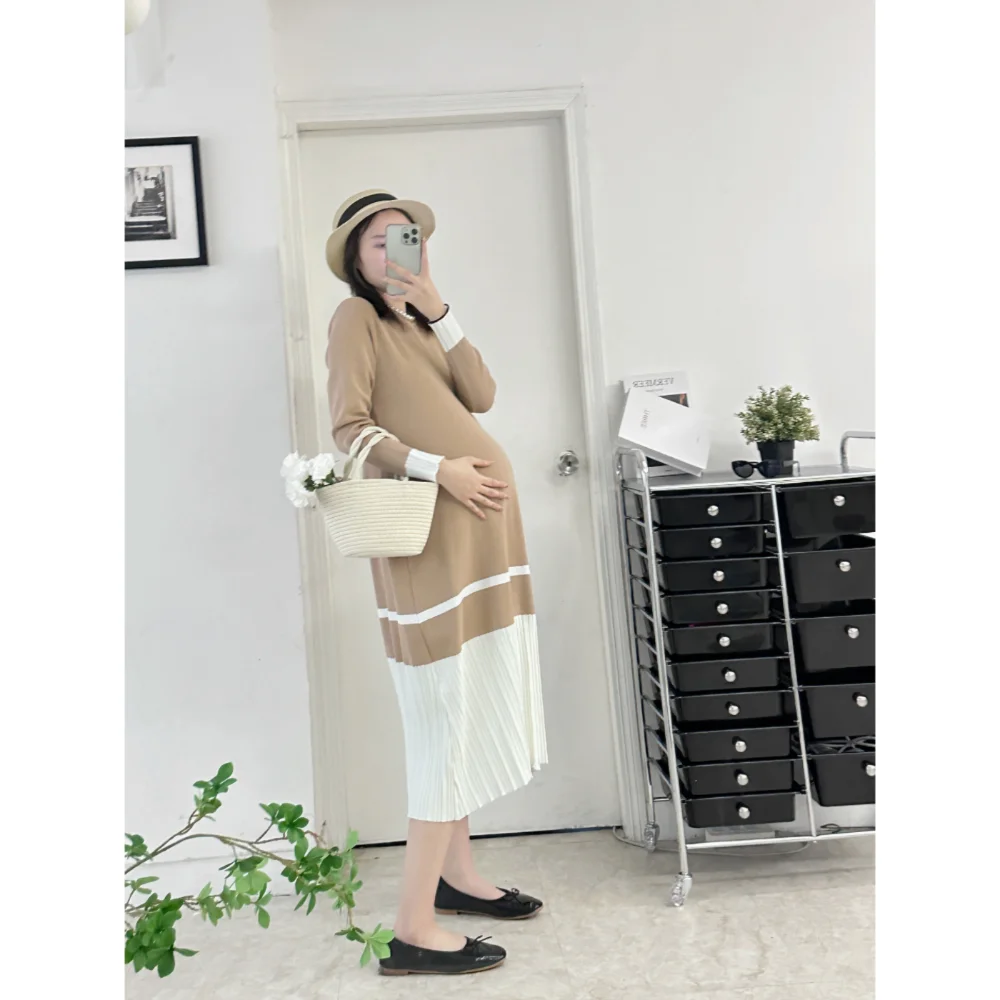 maternity clothes Block Color Patchwork Maternity Cotton Dress Knitting Dresses Short Sleeve Summer Pregnancy Straight Dress