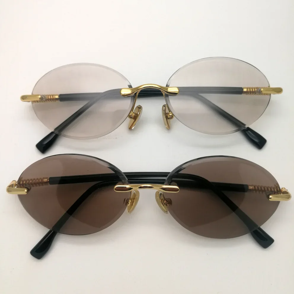 

Luxury Rimless Glass Sunglasses Male Brown Crystal Stone Lens Glasses Small Oval Vintage Sun Glasses for Men Women Top Quality