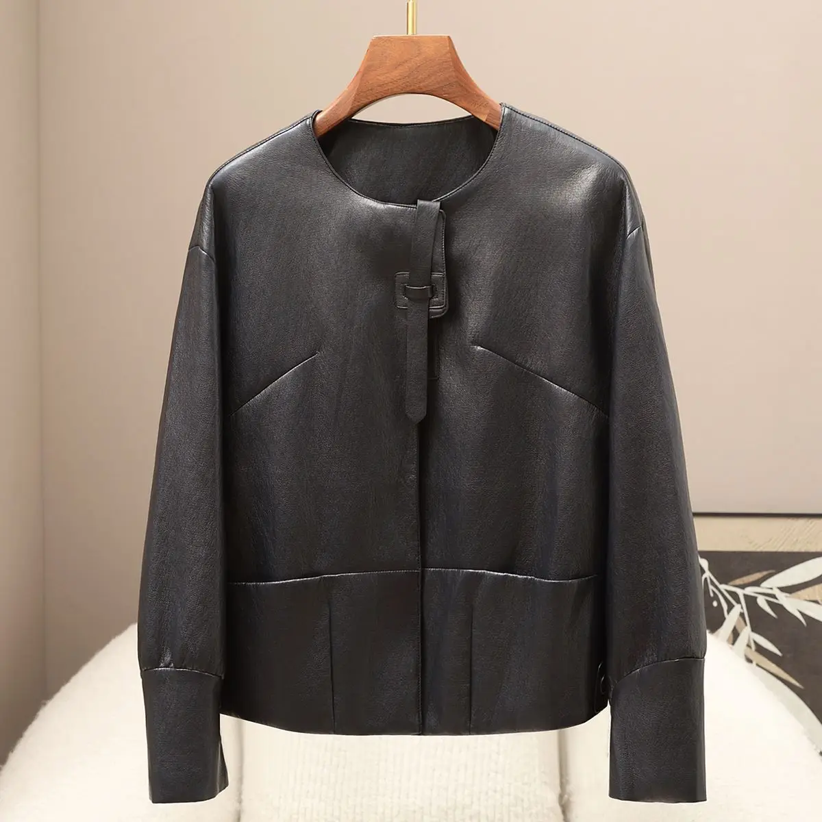 Herfst en winter nieuwe dames PU-jas elegante leren jas met ronde hals