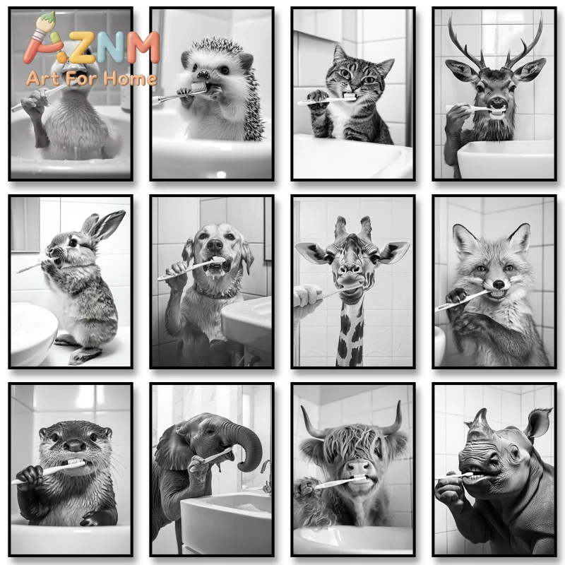 Black White Funny Bathroom Brushing Teeth Poster Vintage Style Animal Canvas Painting Print Wall Art Picture for Home Decorat