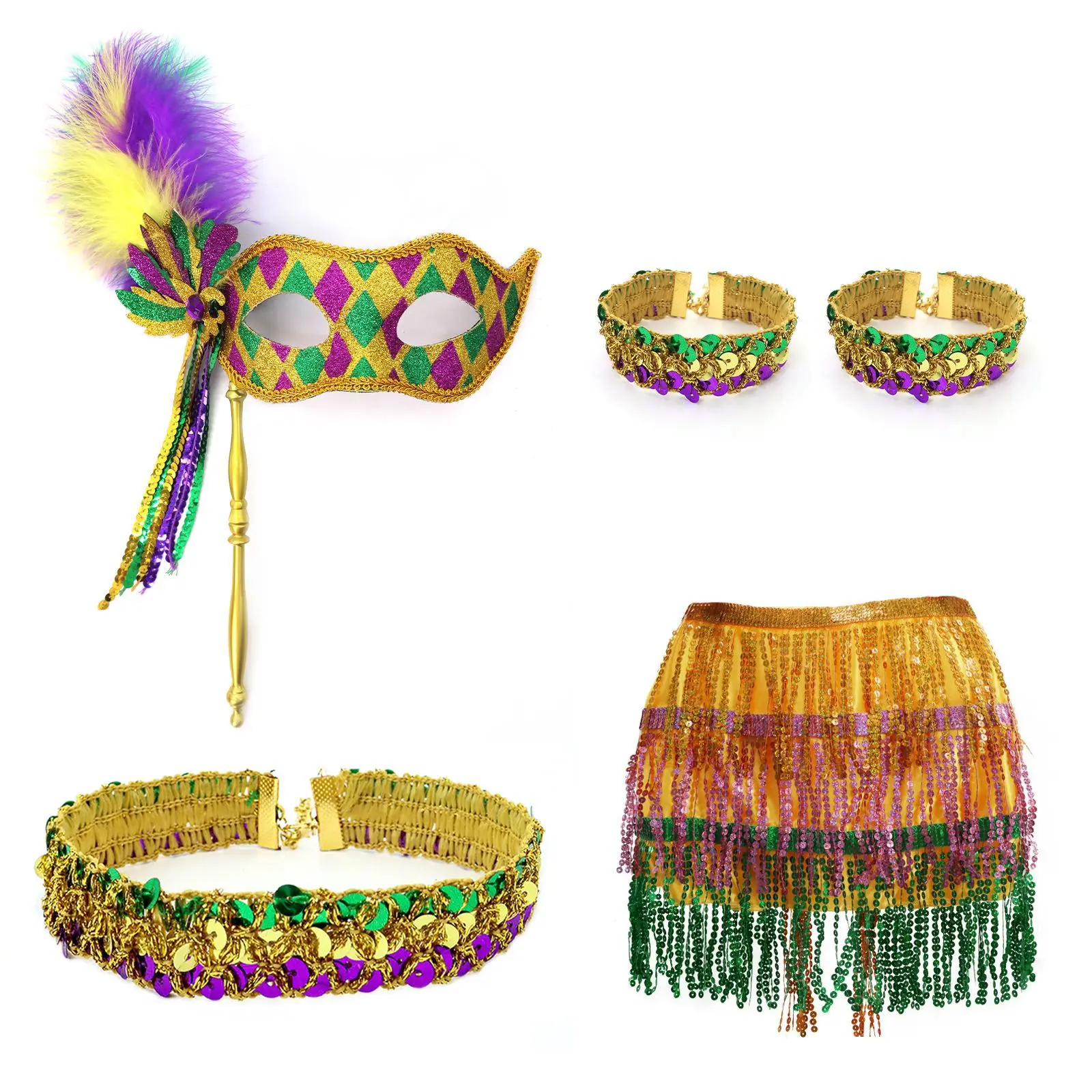 Mardi Gras Costume Accessory Set Tutu Skirt, Faux Feather Headband, Mask,Mardi Gras Beads,Feather Boa for Women and Girls