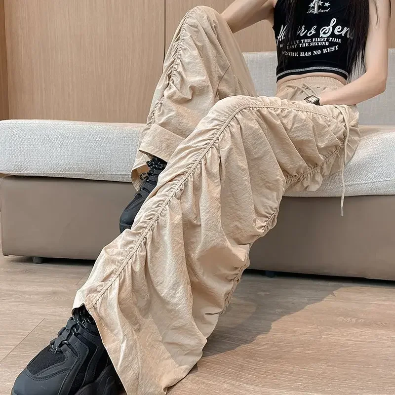 Ice Silk Overalls Pleated Thin Loose Pleated Mountaineering Wide-leg Pants 2025 Spring and Summer Fashion Women's Wear