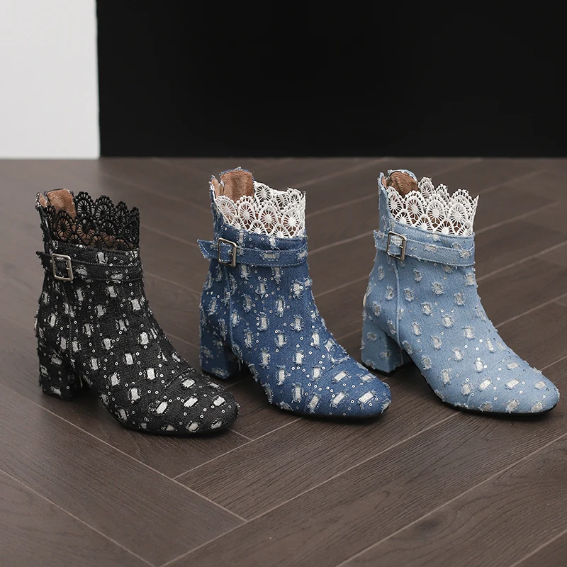 Women High Chuncky Heel Boots Lace Patchwork Distress Denim Ankle Short Booties Winter Shoes Casual Walking Outdoor Footwear