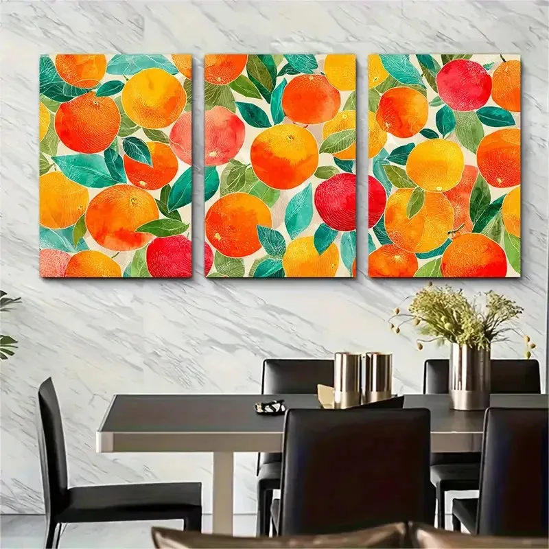 2D Flat, 3pcs Italian Oranges Wall Art Suitable for Italian-Themed Decor - Retro Italian Citrus Fruit, Wrap-Around Canvas /,
