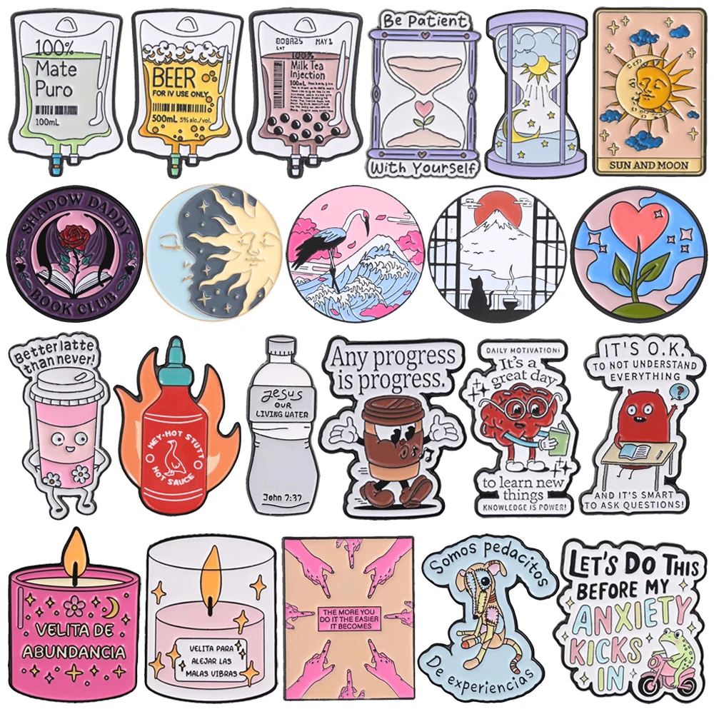 Cartoon Infusion Bag Enamel Brooches Lapel Pins Hourglass Card Book Crane Coffee Brain Candle Frog Metal Badge Punk Jewelry Gift