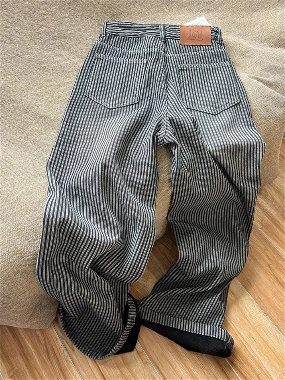 Stripe Print Winter Baggy Jeans Women Vintage American High Waist Casual Y2k Denim Pants Ladies Korean Straight Wide Leg Pants