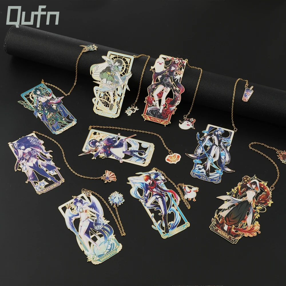 Anime Genshin wpływ Zhongli Hutao Yae Miko Tartaglia Raiden Xiao metalowe zakładki do książek wisiorek z frędzlami wystrój kolekcja Cosplay prezent