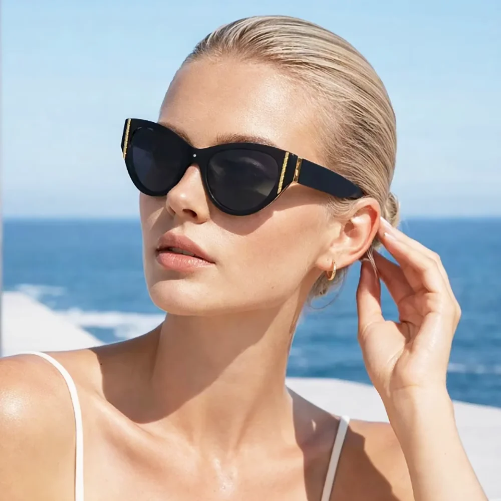 1pc Luxury PC Frame Cat Eye Sunglasses with Gold Vertical Rivet Accents UV Protection Shades for Women Street Vacation & Daily
