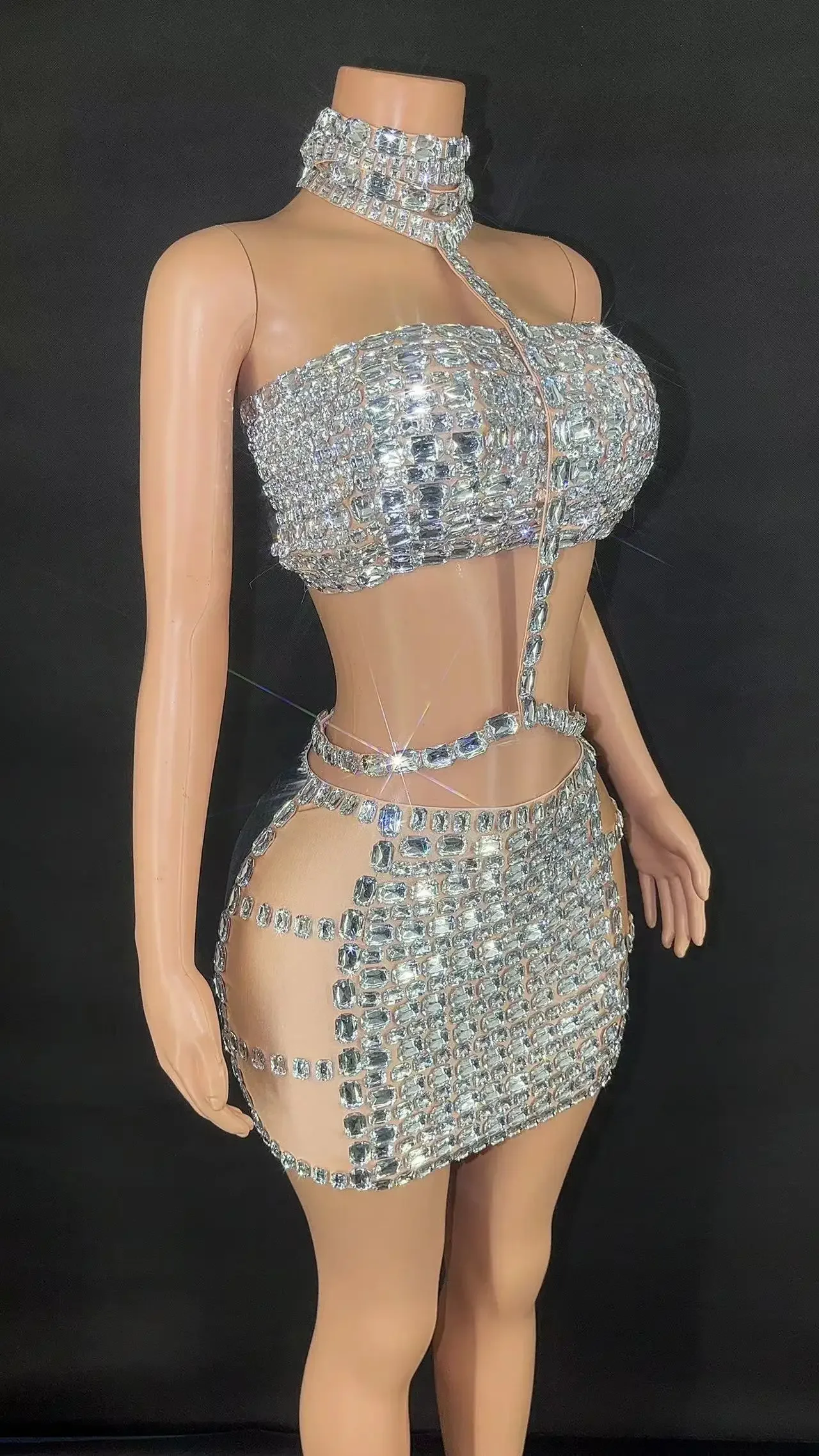 Flashing Rhinestone Sliver Sexy Halter Backless Sheath Two-Pieces Set Birthday Evening Party Celebrate Costume Nightclub Outfit