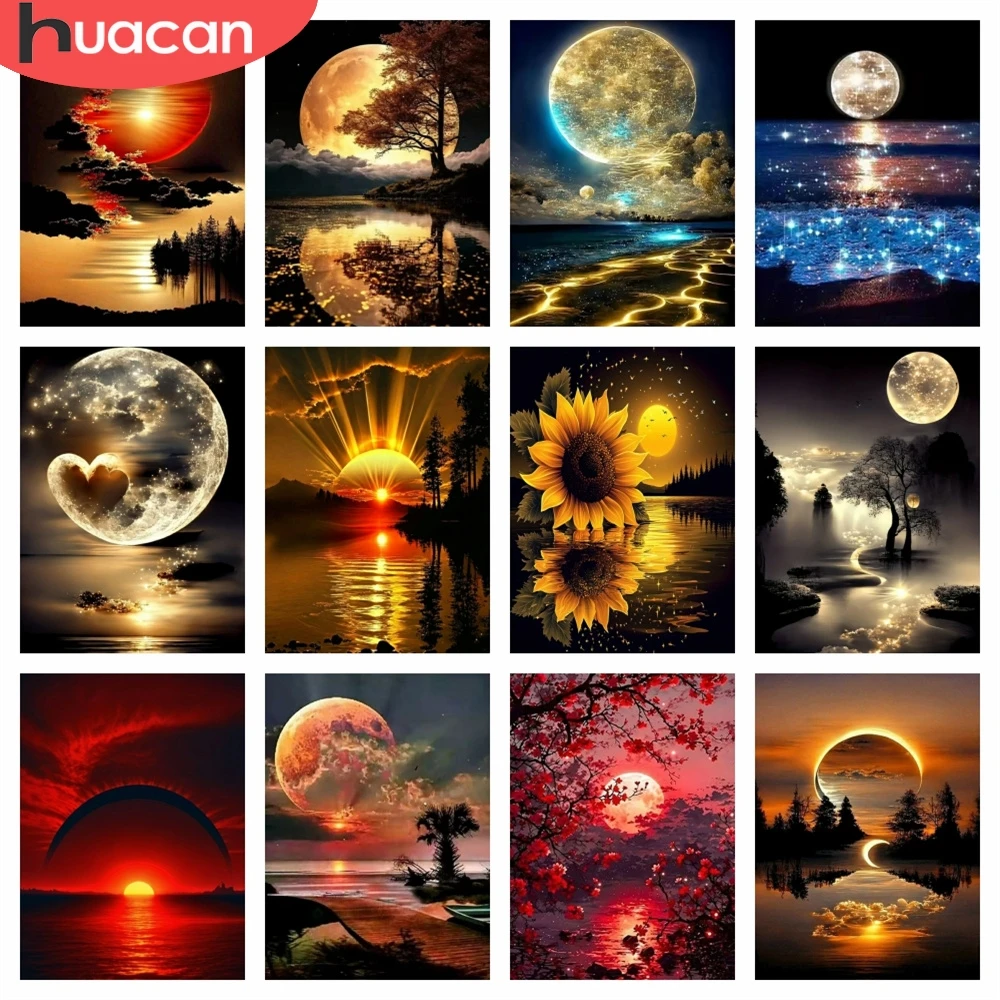 HUACAN Diamond Painting Moon Sunset Landscape Handicrafts Full Square Round Drill Diamond Mosaic Sea Landscape Wall Decor Gift