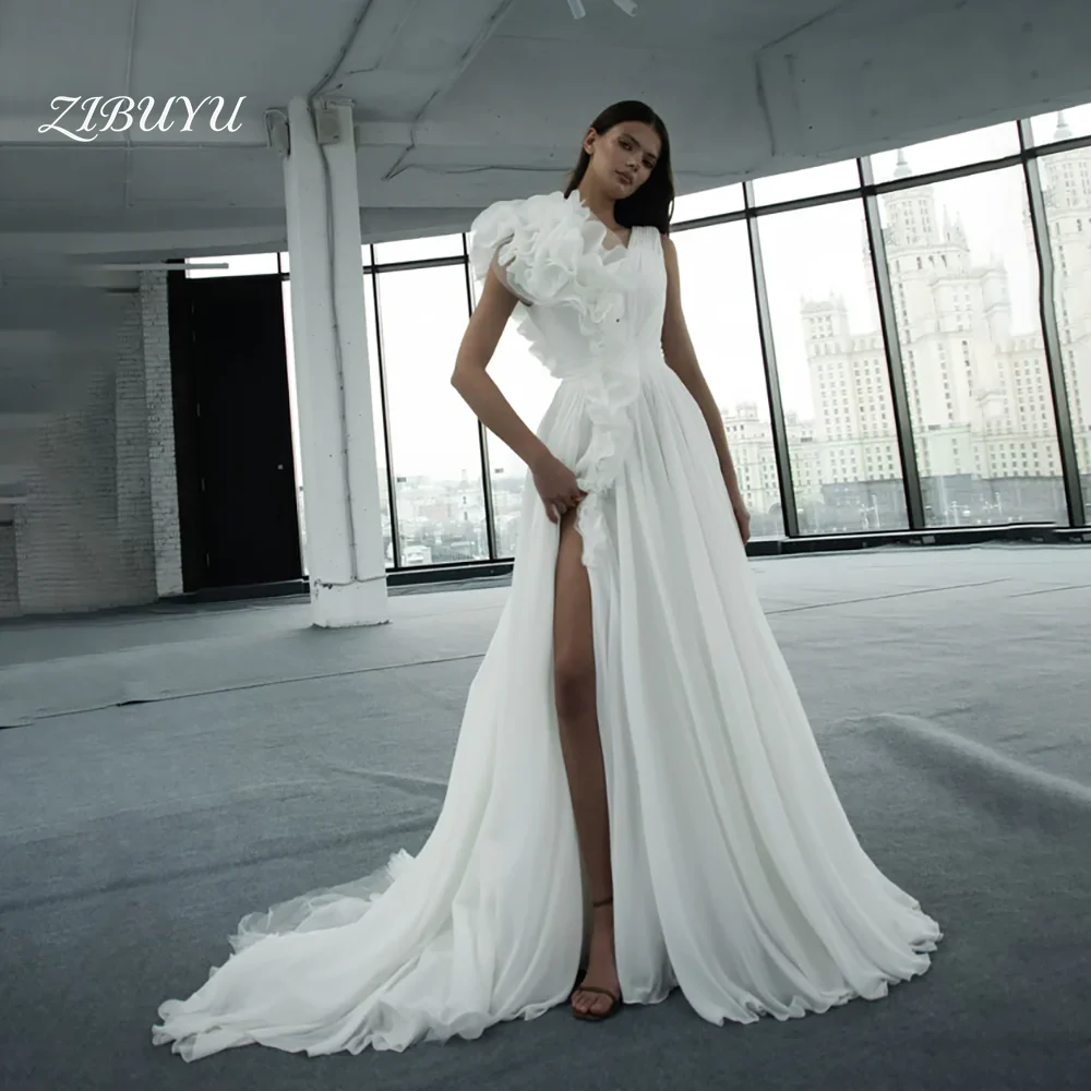 

ZIBUYU Customized Elegant Luxury Wedding Dress One Shoulder 3D Ruffled Appliques Chiffon A-Line High Slit Backless Bridal Gowns