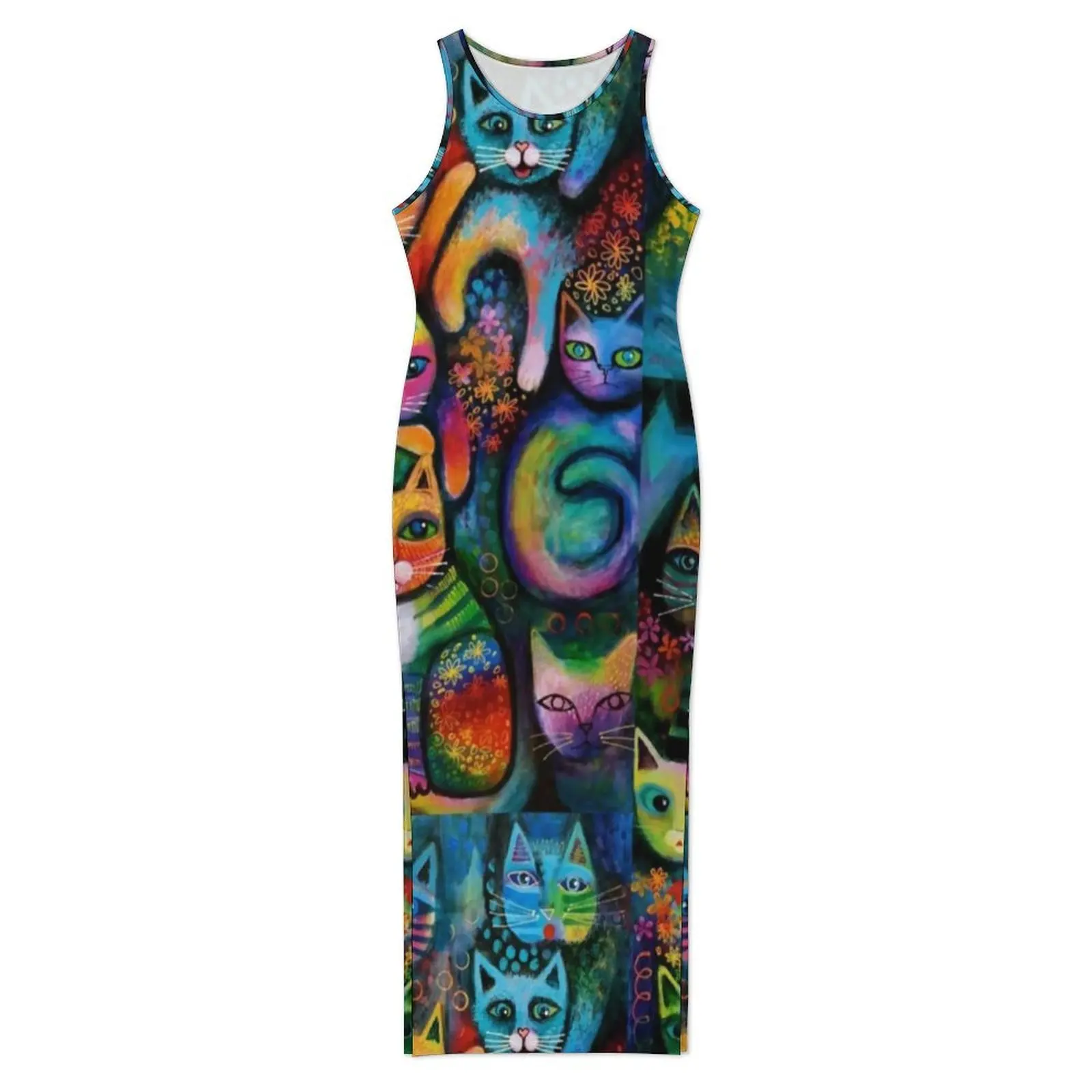 บทคัดย่อแมวชุดแขนกุดสายรุ้งแมว Acrylics อินเทรนด์ Maxi ชุดวันหยุด Y2K แฟชั่นรูปแบบชุด Bodycon 2XL 3XL 4XL