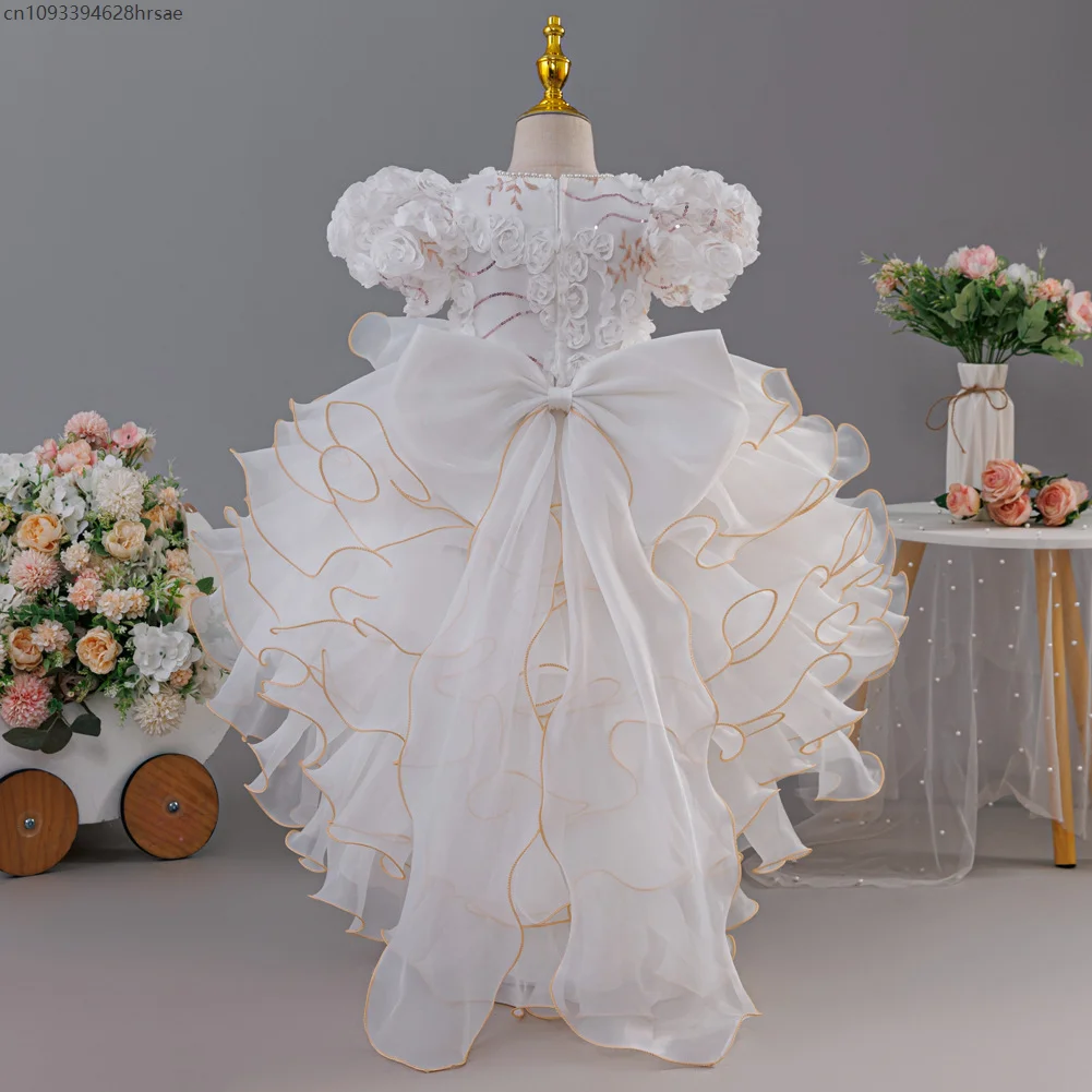 Mädchen Puff Sleeves Flower Dress Gorgeous Style Princess Gown With Tail Wedding Party Birthday Party Prom Performance
