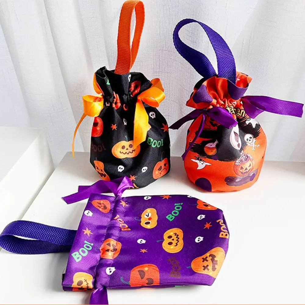 ハンドヘルドハロウィンキャンディトートバッグ カボチャ柄デザイン ポータブルハロウィントリートバッグ 軽量巾着/スナップボタン