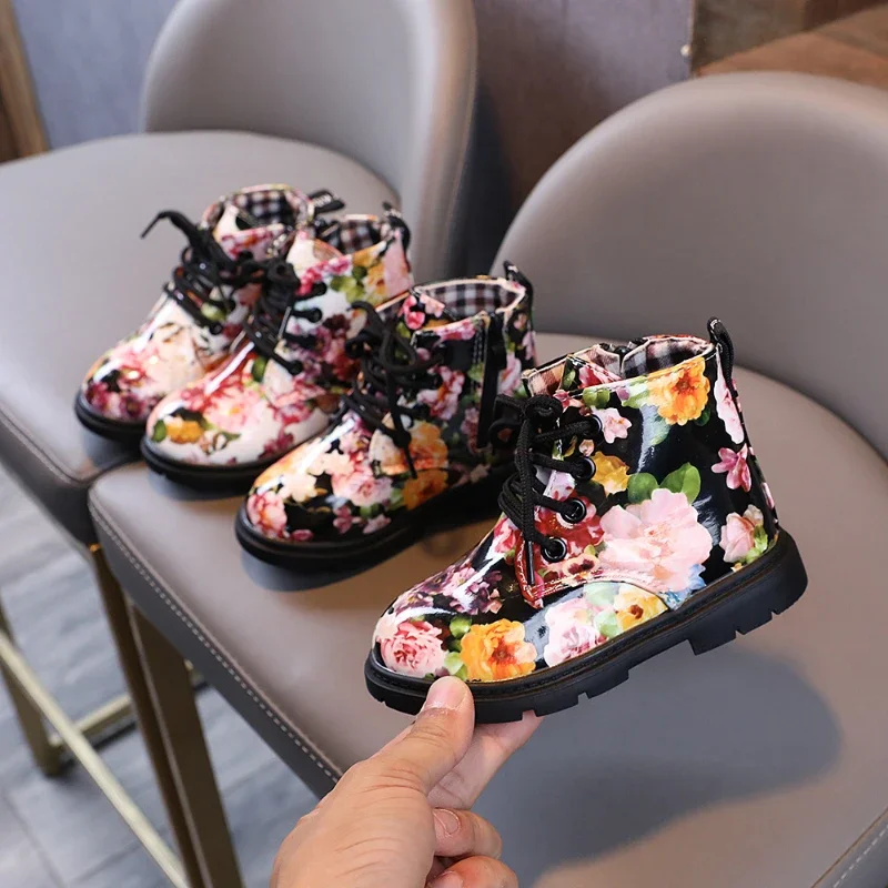 Fashion Gril Shoe Floral Winter Gril's Boots Child Patent Leather Boots Height Increasing Ankle Boot Personalized Kid Shoes Bota