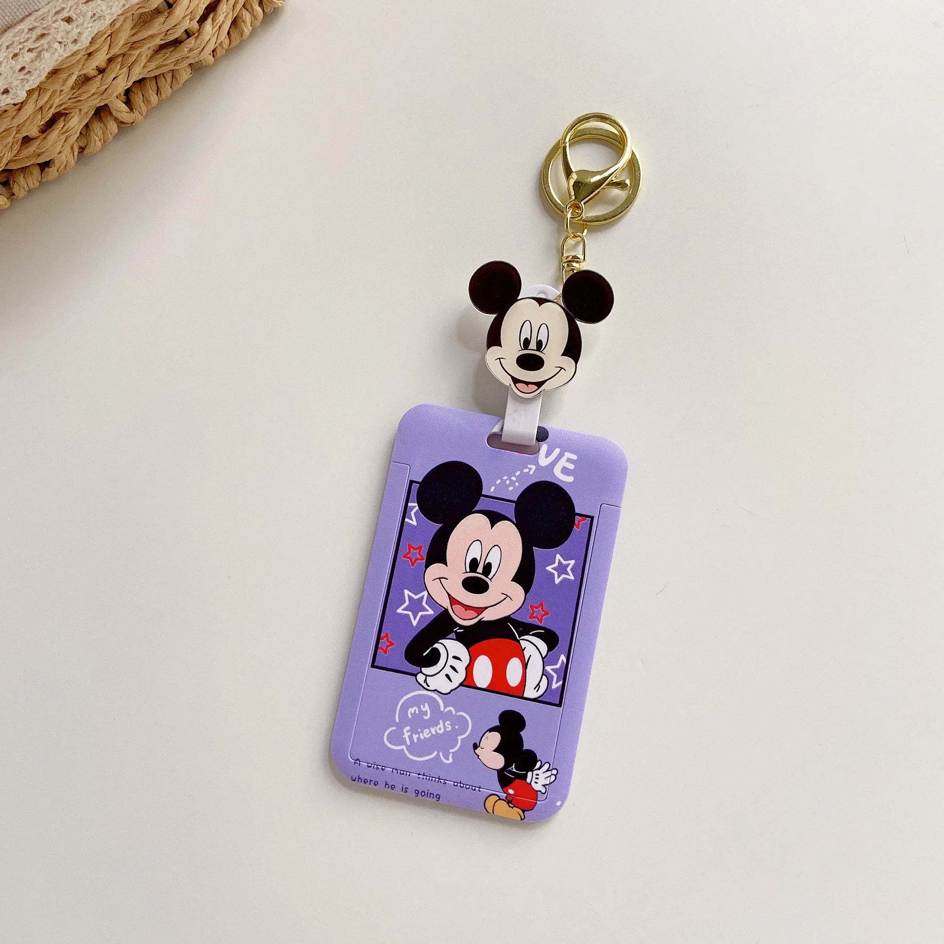 Disney-llavero de Mickey Mouse, Minnie, Winne, the Pooh, Stitch, funda de tarjeta de autobús para estudiantes, protector de tarjeta de comida, regalo para niños