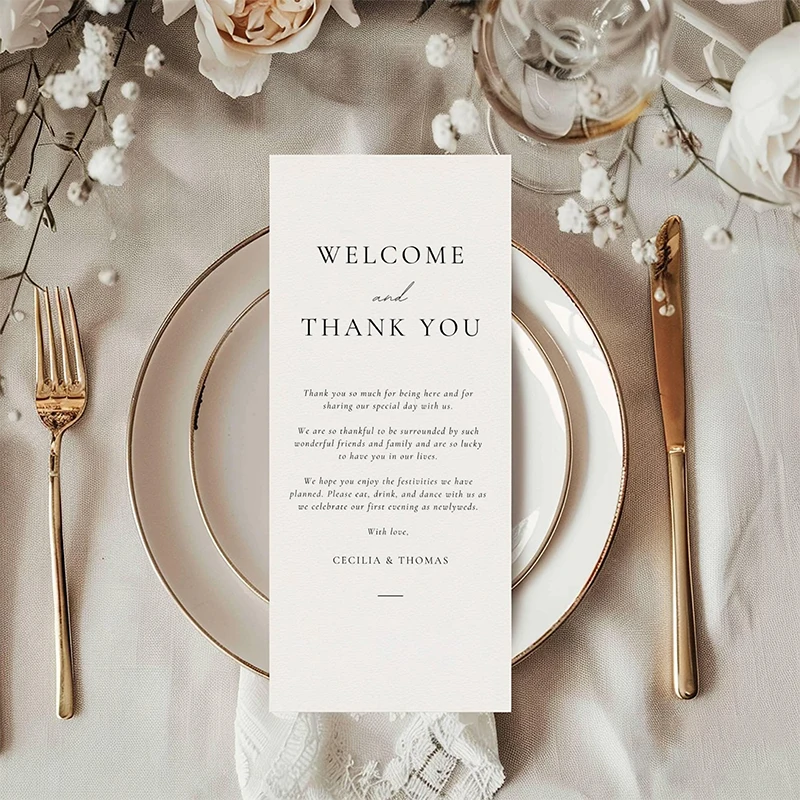 Biglietto di ringraziamento personalizzato Biglietto da tavolo per invito a nozze Nome di coppia Menu di benvenuto Biglietto da tavolo per matrimonio minimalista