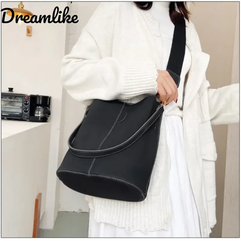 

Frosted Leather Bucket Bag Vintage Bucket Bag Women Large Capacity Handbag Simple Casual Satchel Bag Adjustable Straps
