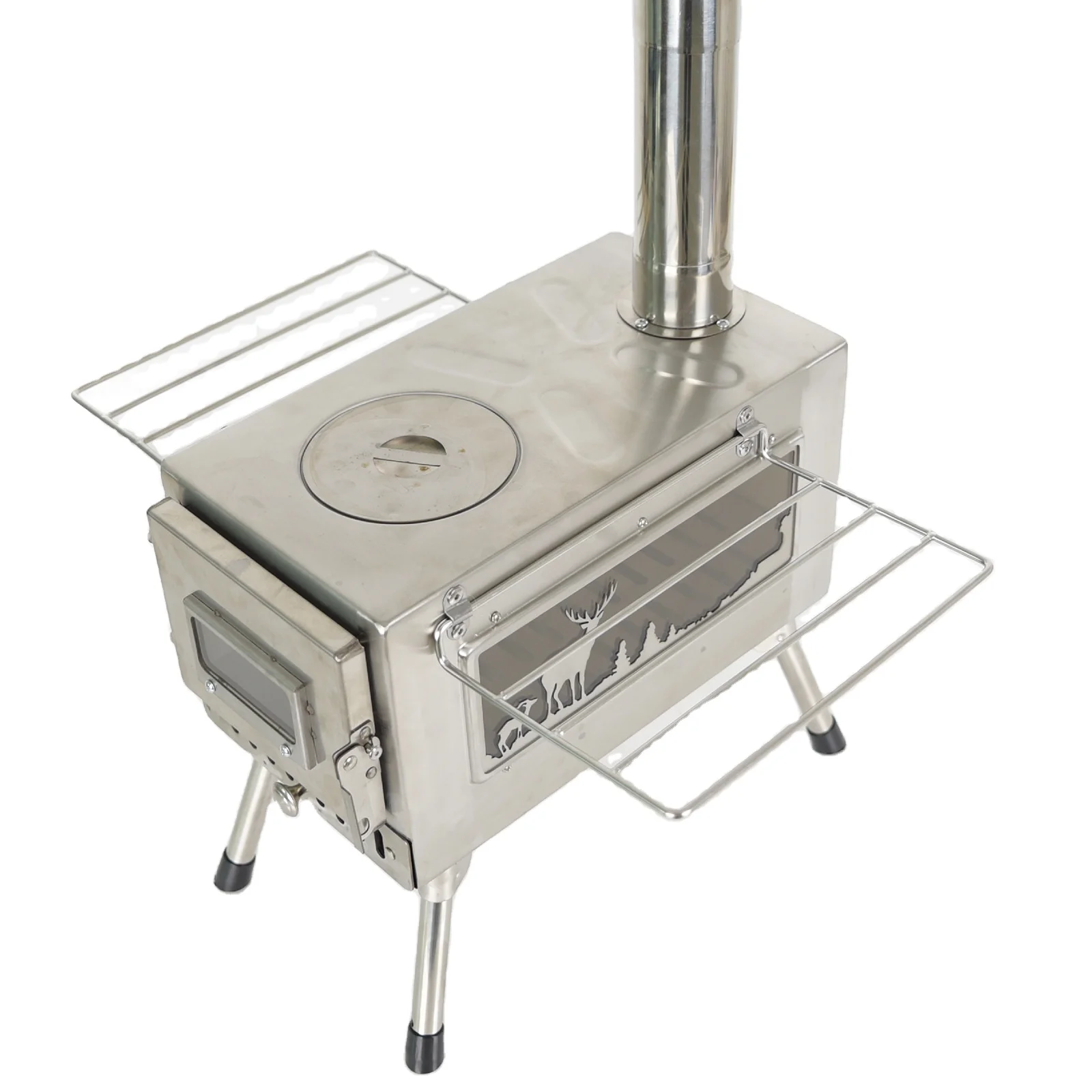 Outdoor Camping Multi-functional Tent Stove Stainless Steel Wood-burning Stove with Side Fire-viewing Window