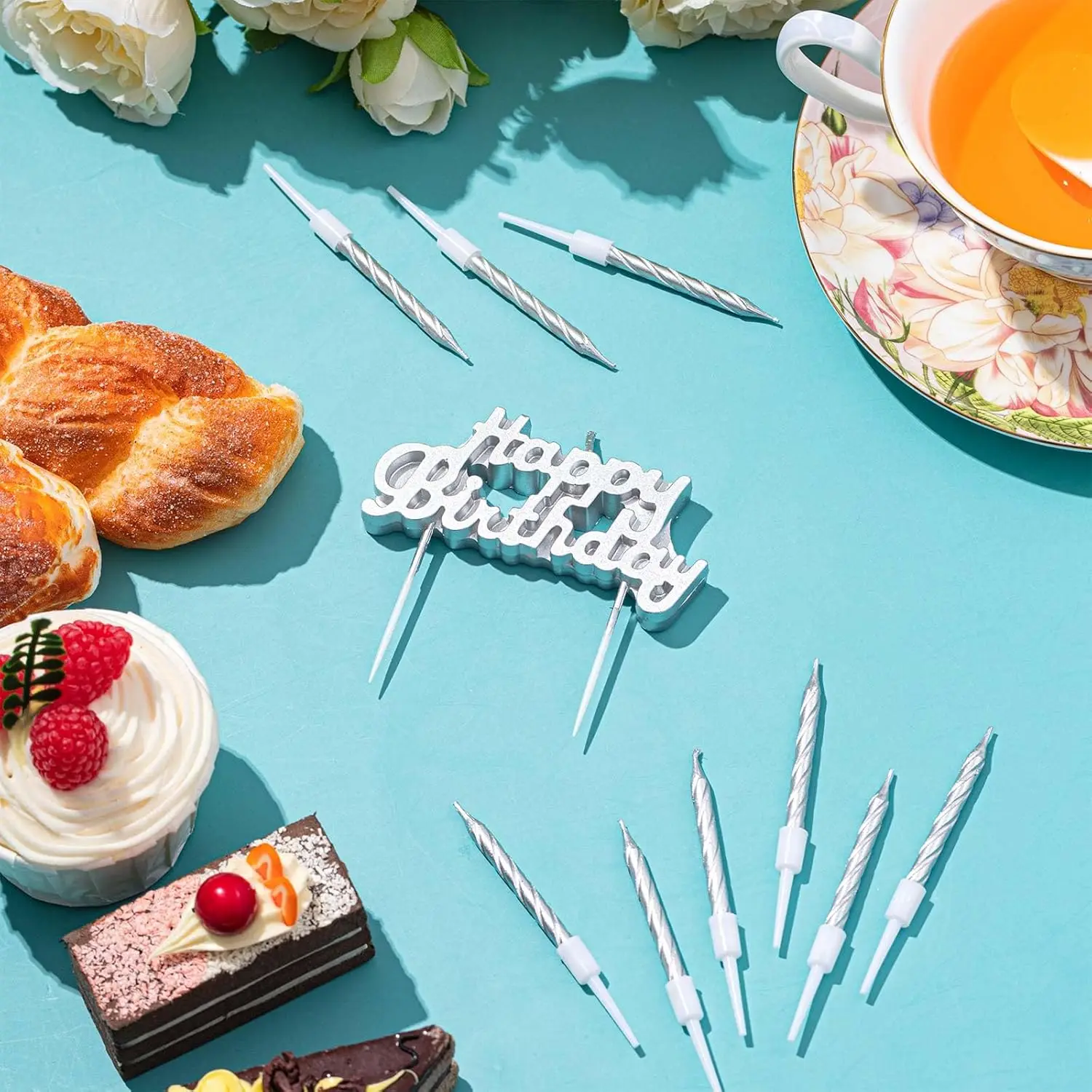 11pcs Happy Birthday Candles Letter Cake Topper with Spiral Candles for Cake Topper Birthday Decoration Party Supplies(Silver)