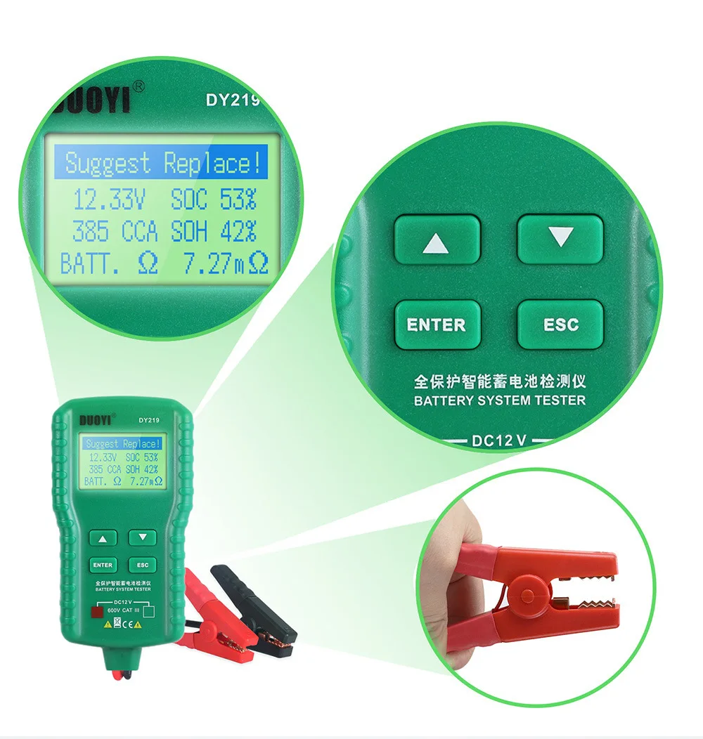 DUOYI DY219 12V cyfrowy Tester baterii samochodowa DY219A 24v 100-1000CCA napięcie analizator baterii obciążenie wielofunkcyjne diagnostyczne