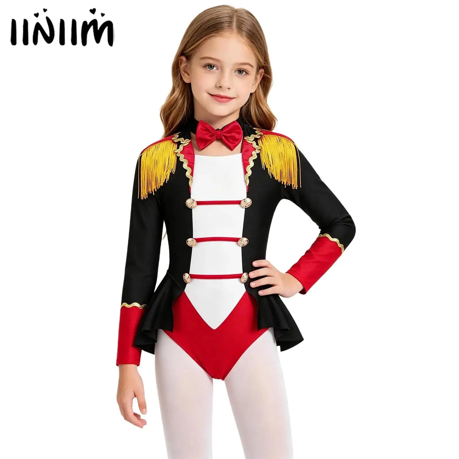 Girls Circus Ringmaster Costume Lion Tamer Showman Cosplay Outfits Showman Majorette Tassel Leotard Bodysuit Jumpsuit with Tie