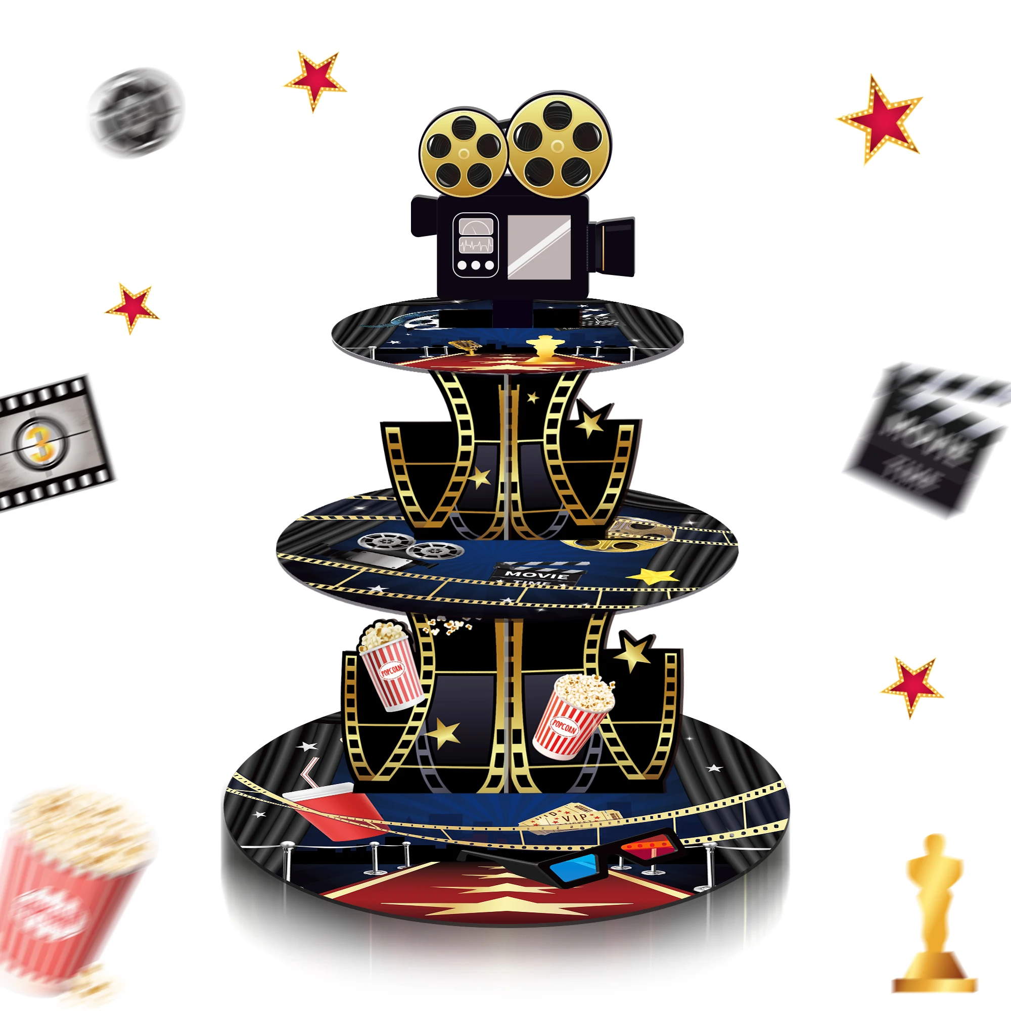 3-poziomowy stojak na ciasto Hollywood Cinema Festival Showing Movie Time Showing Cupcake Rack Holder Birthday Party Cake Tray Decor