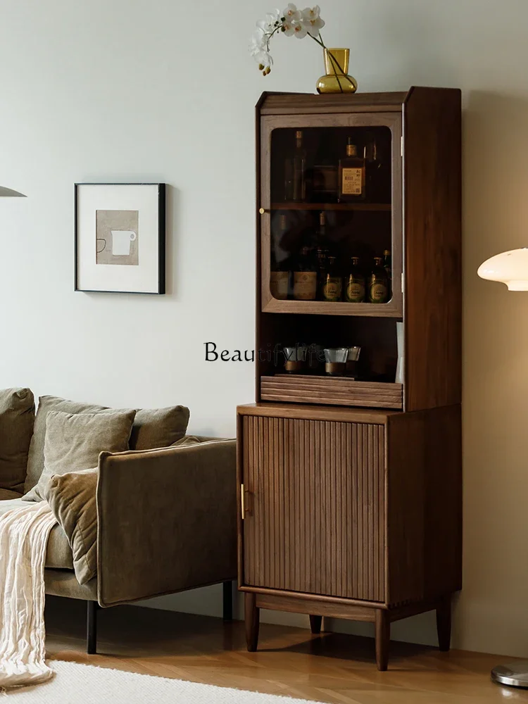 

FG44Nordic Sideboard Cabinet Solid Wood Bar Integrated Wall Storage Cabinet Black Walnut Japanese Glass High Cabinet