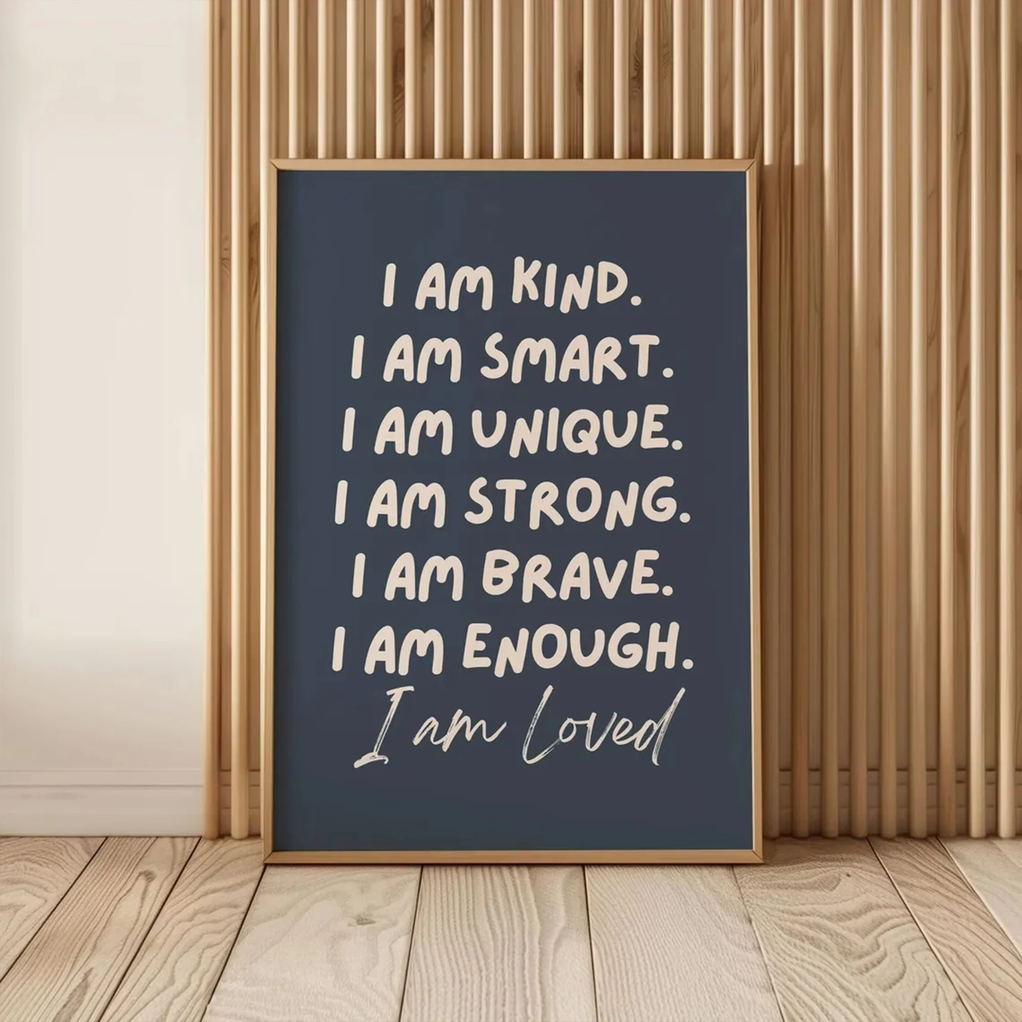 Modern I Am Kind, I Am Smart, I Am Loved, Navy Quote Wall Art Print Canvas Painting Poster Picture For Bedroom Home Decor