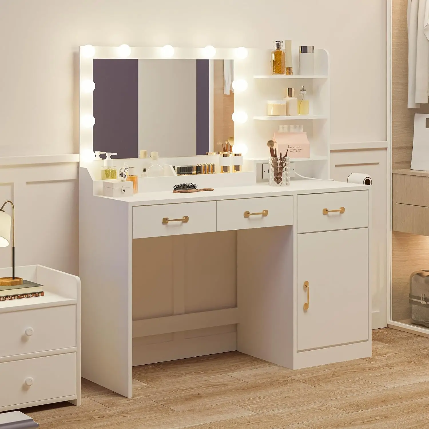 Garvee Makeup Vanity Table for Bedroom Modern Nordic Drawer Organizer Vanity Table With Mirror Storage Meuble Coiffeuse Bedroom Furniture with Lighted Mirror & Charging Station