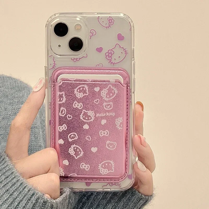 Cute Sanrio Hello Kitty Magnetic Wallet Holder Magsafe Wireless Charge Phone Case For iPhone 16 15 14 13 12 Pro Max Hard Cover image 2