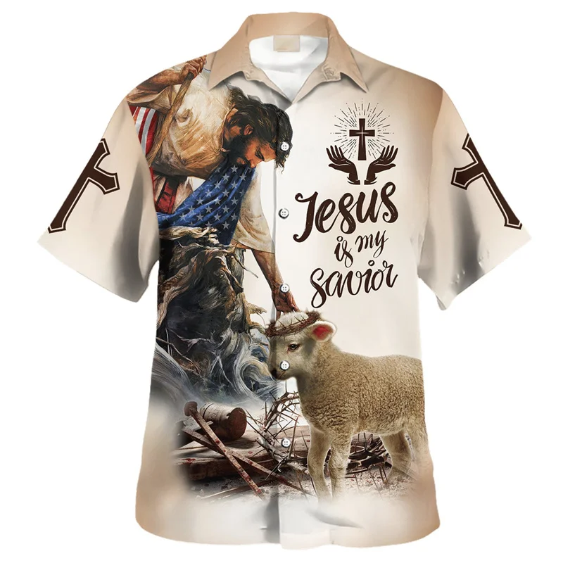 Vintage Jesus Hawaiian Shirt For Men Fashion 3D Printed Christianity Shirts Tops Summer Street Short Sleeves Button Blouse