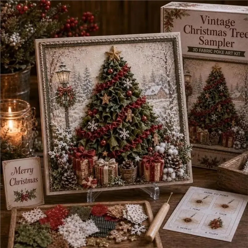 CYGJ-Fabric Poke Art DIY Kit Xmas Tree Reindeer Pattern Hand Poking Craft Holiday Gifts Snow