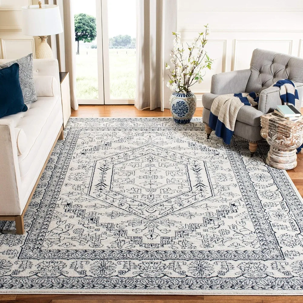 Adirondack Collection X-Large Area Rug - 12' x 18', Ivory & Navy, Oriental Medallion Design, Non-Shedding & Easy Care