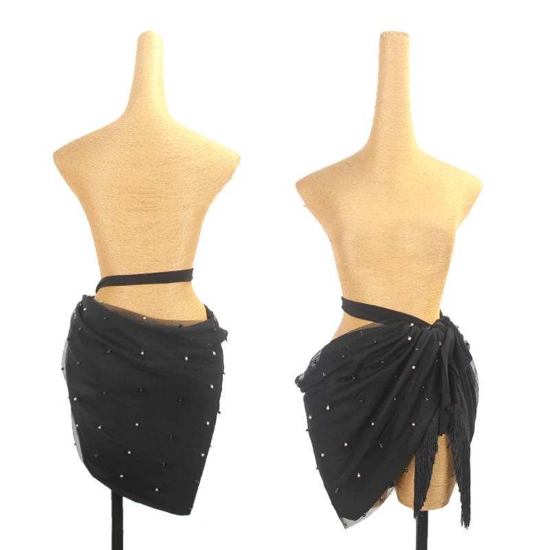 

New Sexy Latin Dance Skirt Flowers Mesh Black Lace Tassel Hip Scarf Rumba Cha Cha Dance Practice Clothes Fringe Skirts