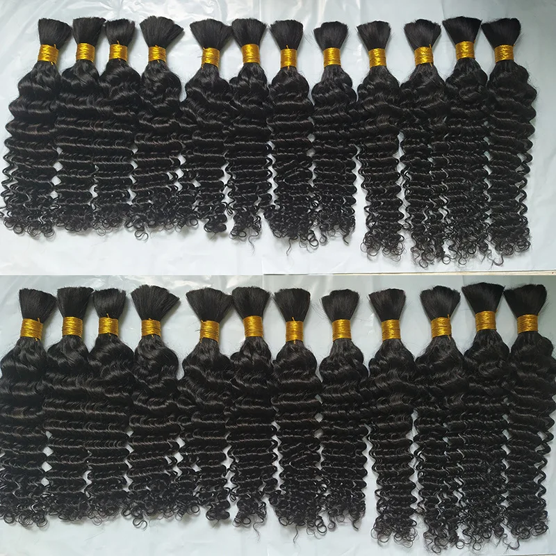 Cabelo humano em massa de onda profunda para trançar, tranças birmanesas boho, sem trama, duplo desenhado, atacado, 16-28"