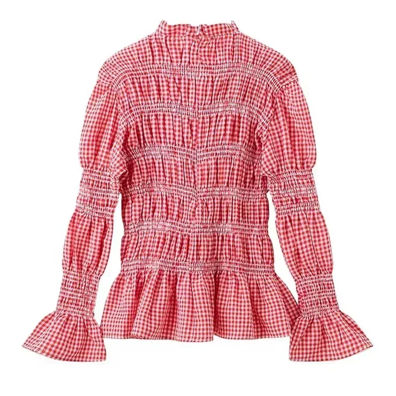 TRAF t-Shirt da donna primavera 2024 Plaid Ruffle Top o-collo manica lunga Top elegante All-Match Streetwear Shirt camicie stile coreano