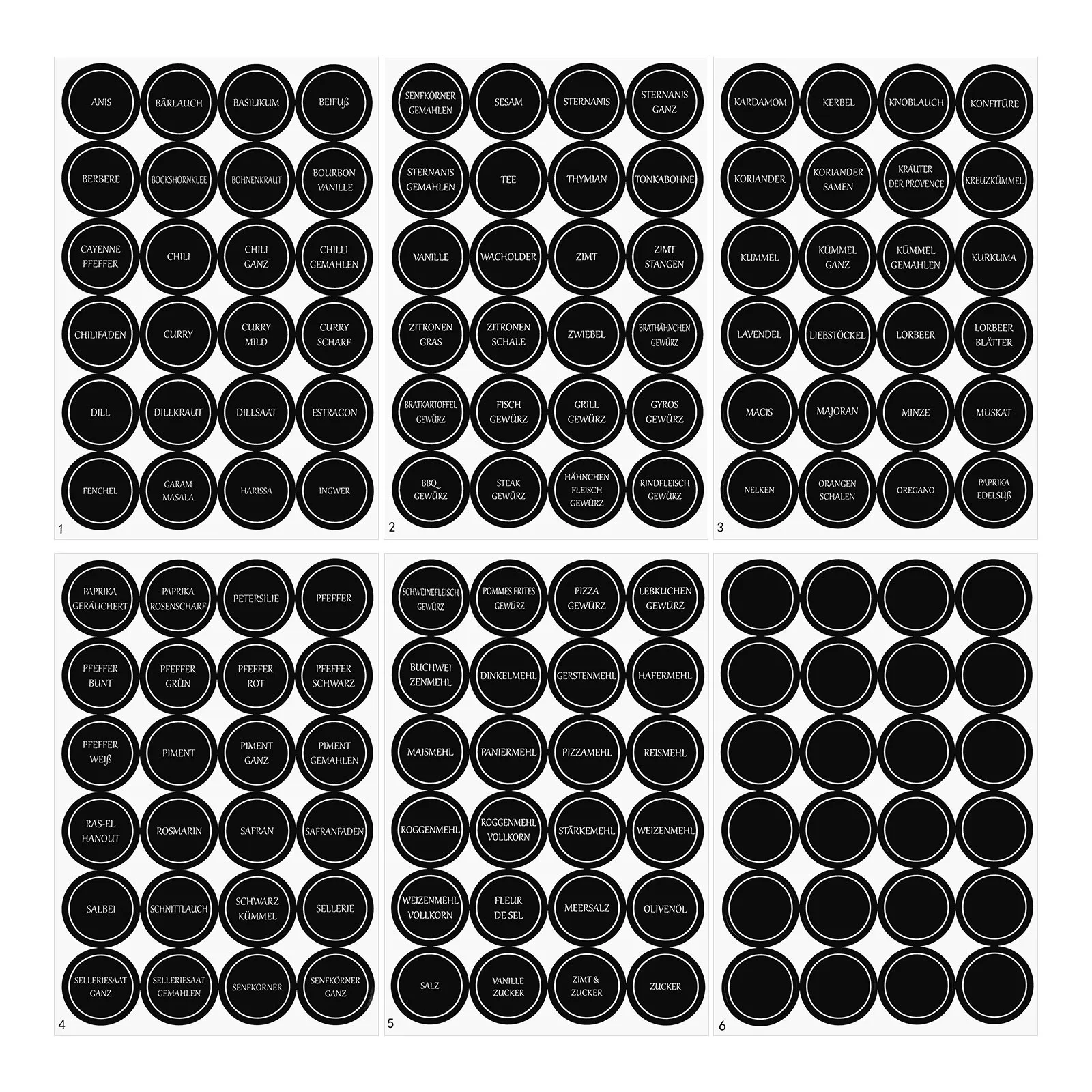 

6 Sheets German Spice Labels Round for Jars Bottles Kitchen Pantry Organization Food Storage Containers Canning Labeler Reusable