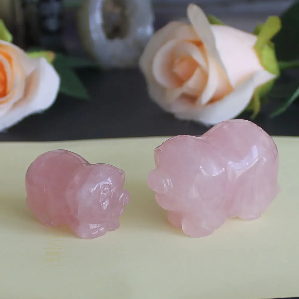 Hand Carved rose quartz pig mum baby figurine set animal carving office home decor 1.5''-2''