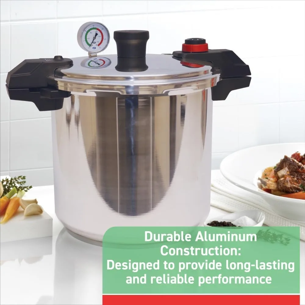 Pressure cooker, aluminum, 22QT, 3 PSI setting, kitchen utensils, large capacity, cooling rack, recipe book, pressure cooker