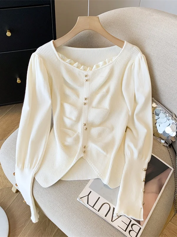 

Женский облегающий вязаный свитер с разрезами и складками, осенне-зимняя модная базовая одежда, трикотажный топ