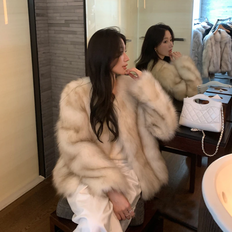 レディースフェイクファーブレンドファー秋冬長袖Vネック韓国服冬服スリムフィットファッション女性コート