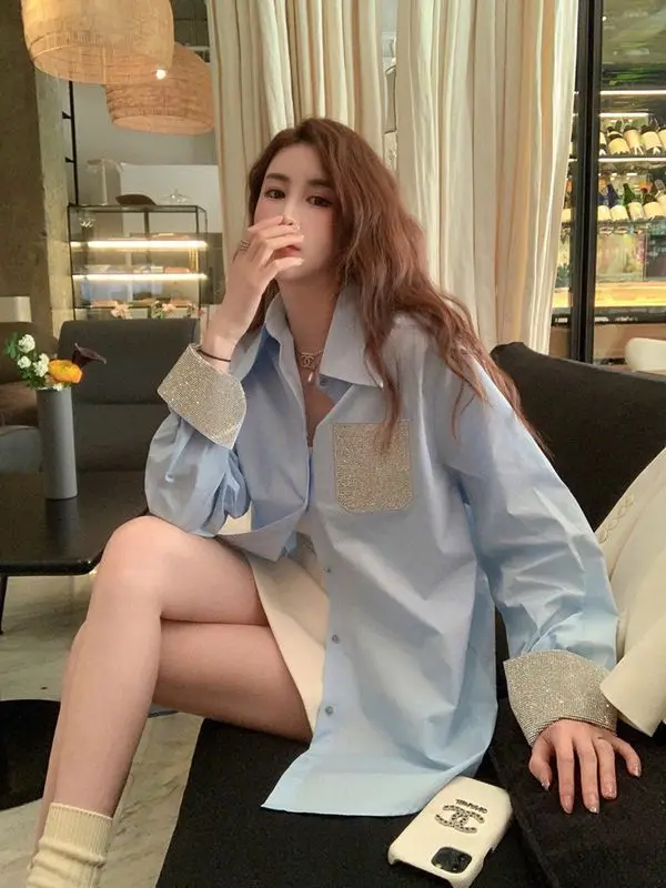 

Новое женское пальто свободного кроя с бриллиантовой отделкой, универсальное, в стиле кэжуал, с длинными рукавами, воротником и пуговицами, весна-осень