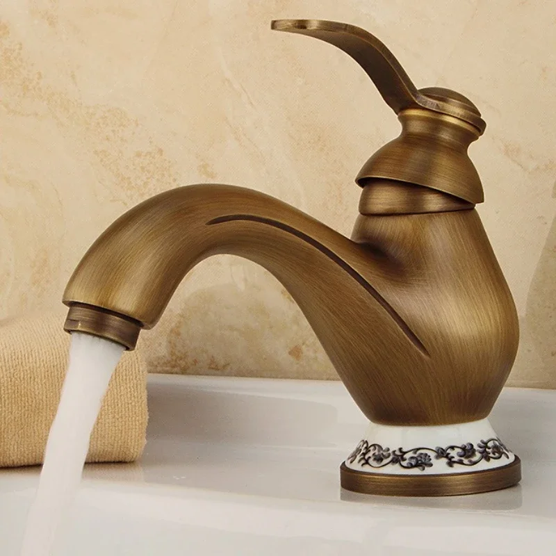 Luxury Brass Antique Gold Blue-and-White Porcelain Hot/Cold Water Faucet Single-Hole Antique Black Basin Faucet for Bathroom