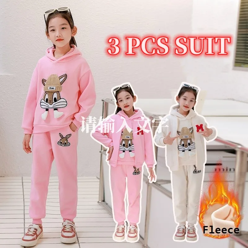 Winter Girls 3D Flocking Cartoon Zip Fleece Waistcoat+Sweatshirt+Pant School Kids 3PCS Tracksuit Child Outfit Jogger Set 5-14Yrs