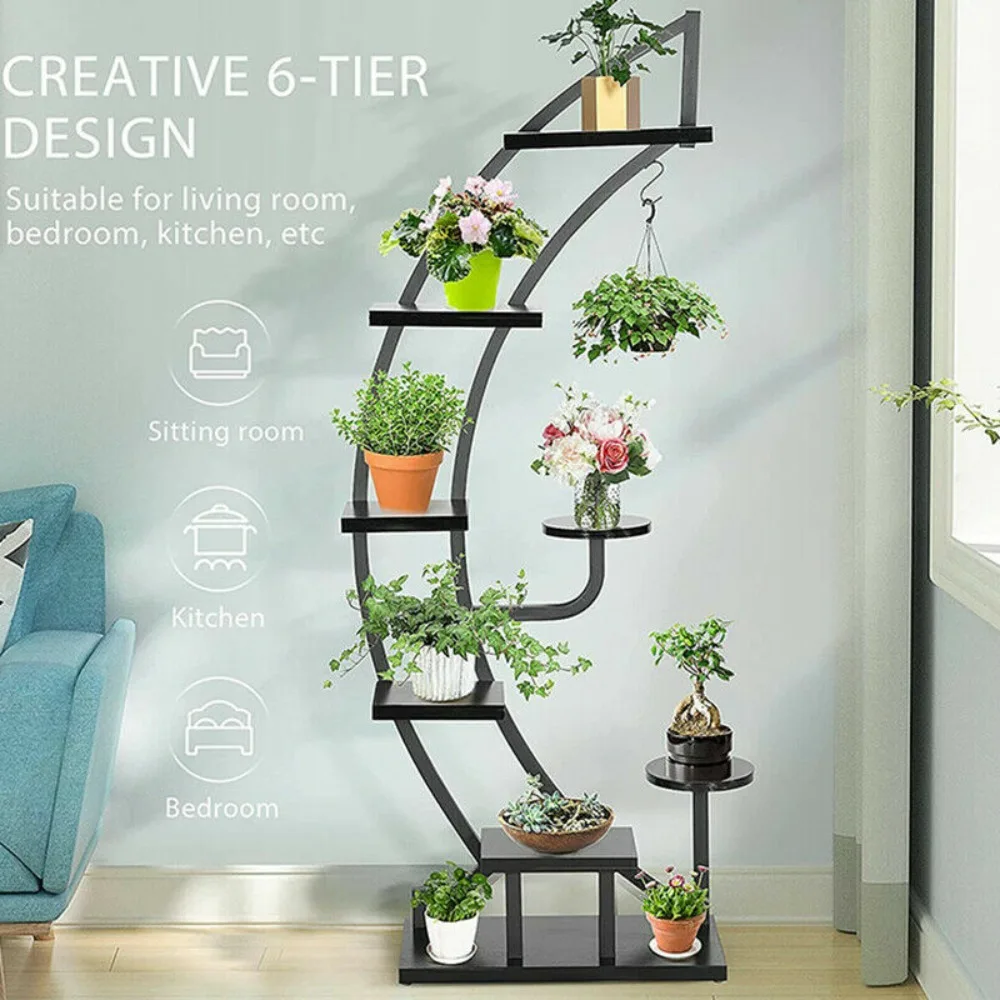 6 Tier 9 Potted Steel-Wood Plant Stand Curved Flower Pot Holder Shelf w/ Hanger