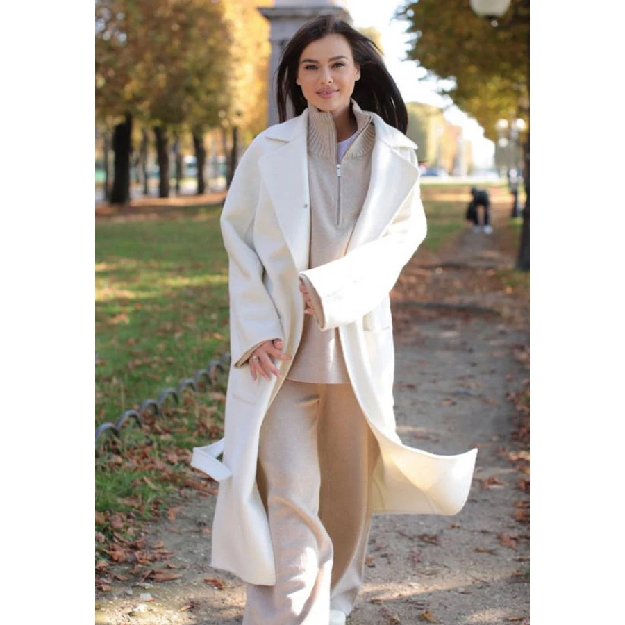 

Женское длинное шерстяное пальто, белое шерстяное пальто с отложным воротником, 2024